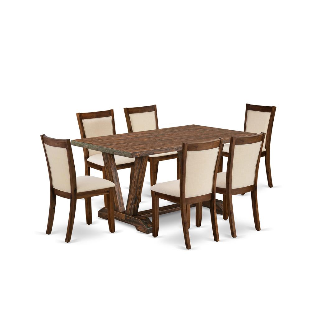 East West Furniture 7-Pieces Kitchen Table Set - 6 Light Beige Fabric Upholstered Dining Chairs with Stylish Back and 1 Kitchen Table with Trestle Base (Distressed Jacobean Finish). Picture 1