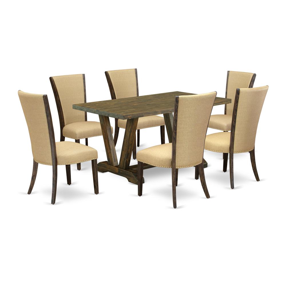 East West Furniture V776VE703-7 7Pc Dining Room Table Set Offers a Dining Table and 6 Parson Chairs with Brown Color Linen Fabric, Medium Size Table with Full Back Chairs, Distressed Jacobean Finish. Picture 1