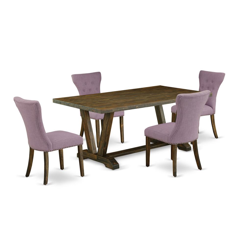 East West Furniture 5-Pc  Included 4 Modern Dining chairs Upholstered Seat and High Button Tufted Chair Back and Rectangular Dining Table with Distressed Jacobean Rectangular Table Top - Distressed Ja. Picture 1