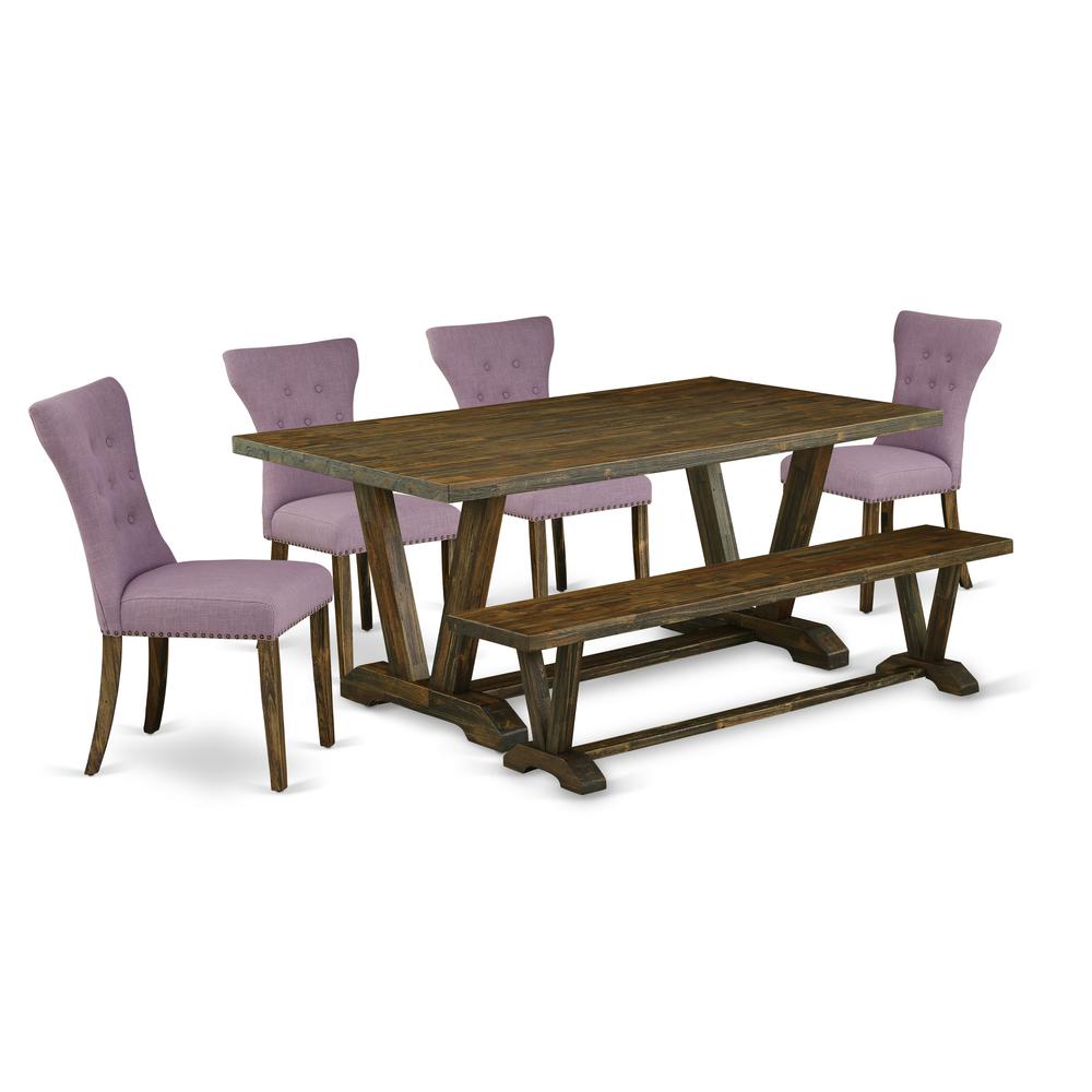 East West Furniture 6-Pc kitchen table set-Dahlia Linen Fabric Seat and Button Tufted Chair Back Modern Dining chairs, A Rectangular Bench and Rectangular Top Wood Kitchen Table with Wood Legs - Distr. Picture 1