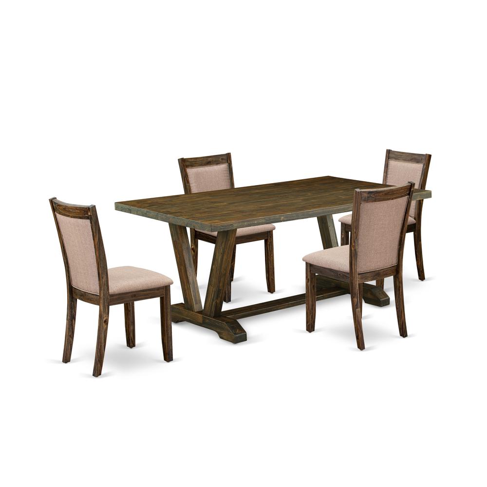 East West Furniture 5 Piece Dining Table Set - A Distressed Jacobean Top Dining Table with Trestle Base and 4 Dark Khaki Linen Fabric Dining Chairs - Distressed Jacobean Finish. Picture 1