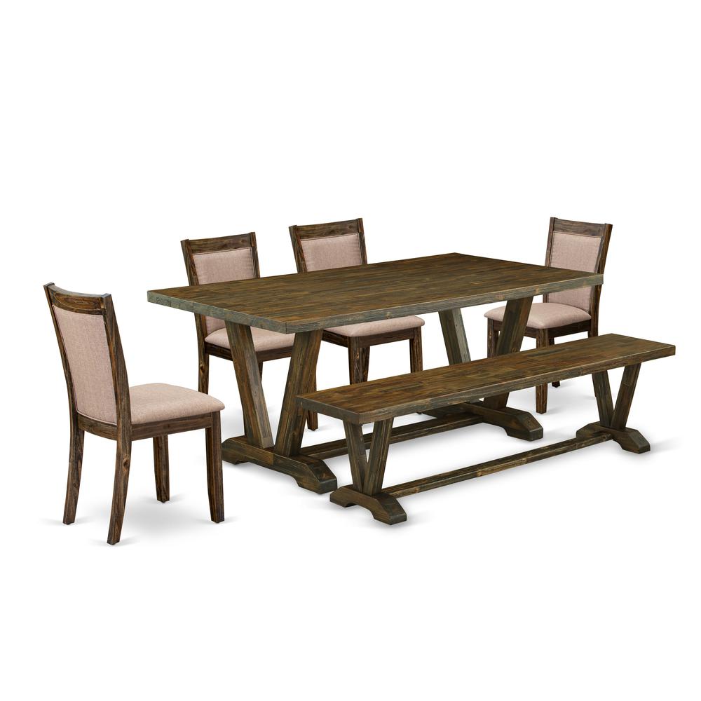 East West Furniture 6 Piece Dining Table Set- A Distressed Jacobean Top Kitchen Table in Trestle Base with Bench and 4 Dark Khaki Linen Fabric Dining Chairs - Distressed Jacobean Finish. Picture 1