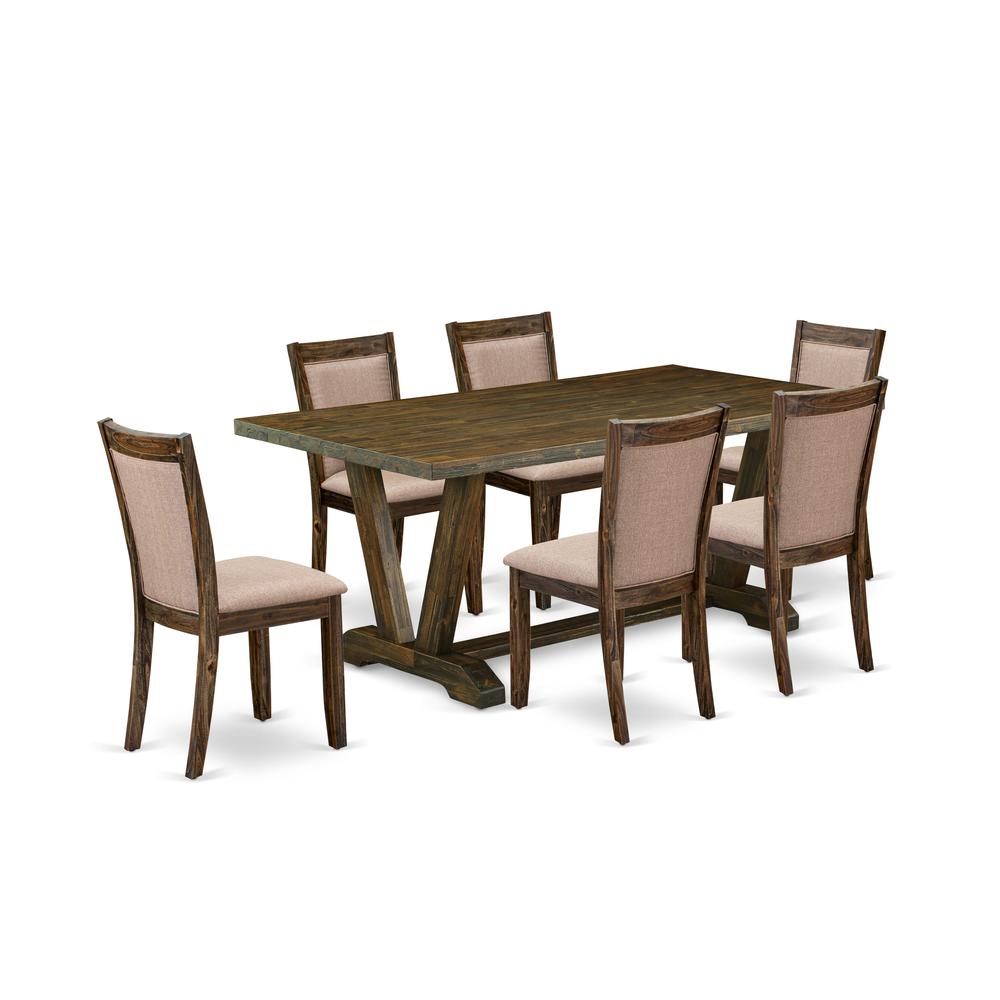 East West Furniture 7 Piece Modern Kitchen Table Set - A Distressed Jacobean Top Wooden Table with Trestle Base and 6 Dark Khaki Linen Fabric dining chairs - Distressed Jacobean Finish. Picture 1