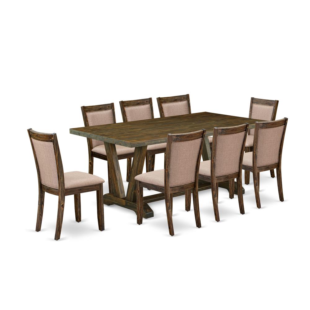 East West Furniture 9 Piece Dinette Set - A Distressed Jacobean Top Dining Table with Trestle Base and 8 Dark Khaki Linen Fabric Upholstered Dining Chairs - Distressed Jacobean Finish. Picture 1