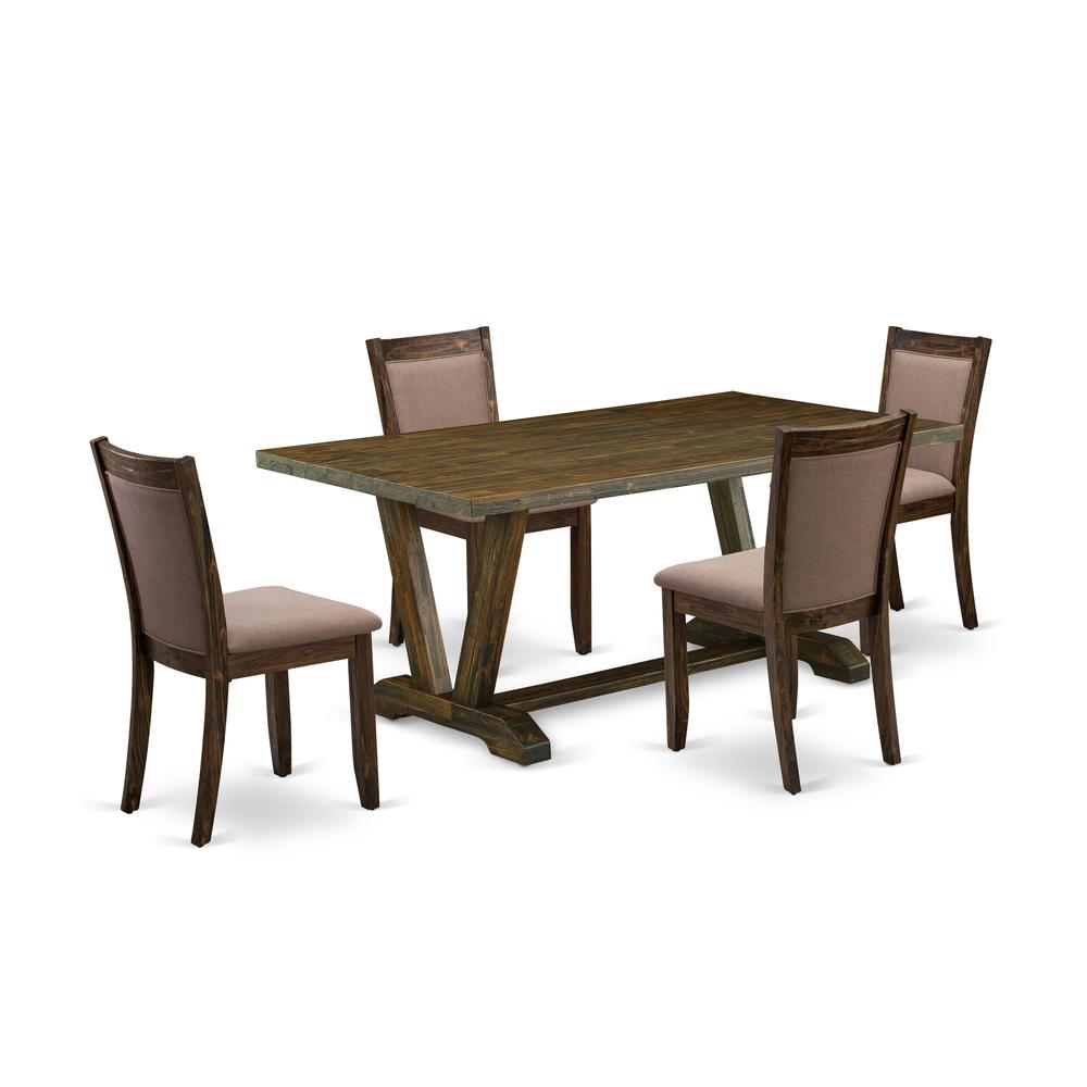 East West Furniture 5 Piece Kitchen Table Set - A Distressed Jacobean Top Rustic Kitchen Table with Trestle Base and 4 Coffee Linen Fabric Parsons Chairs - Distressed Jacobean Finish. Picture 1