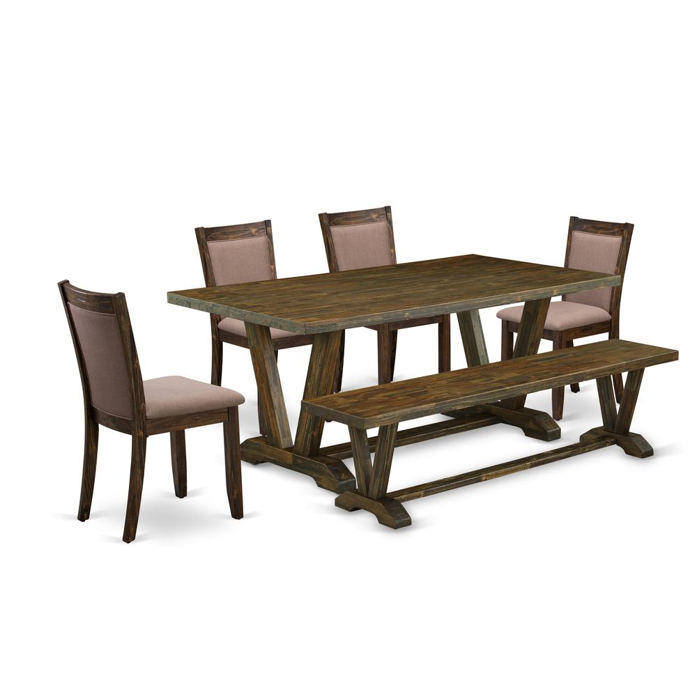 East West Furniture 6 Piece Modern Dining Table Set- A Distressed Jacobean Top Table in Trestle Base with Wood Bench and 4 Coffee Linen Fabric Dining Chairs - Distressed Jacobean Finish. Picture 1