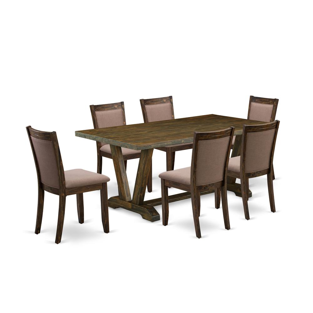 East West Furniture 7 Piece Dinner Table Set - A Distressed Jacobean Top Dinner Table with Trestle Base and 6 Coffee Linen Fabric Wood Dining Chairs - Distressed Jacobean Finish. Picture 1