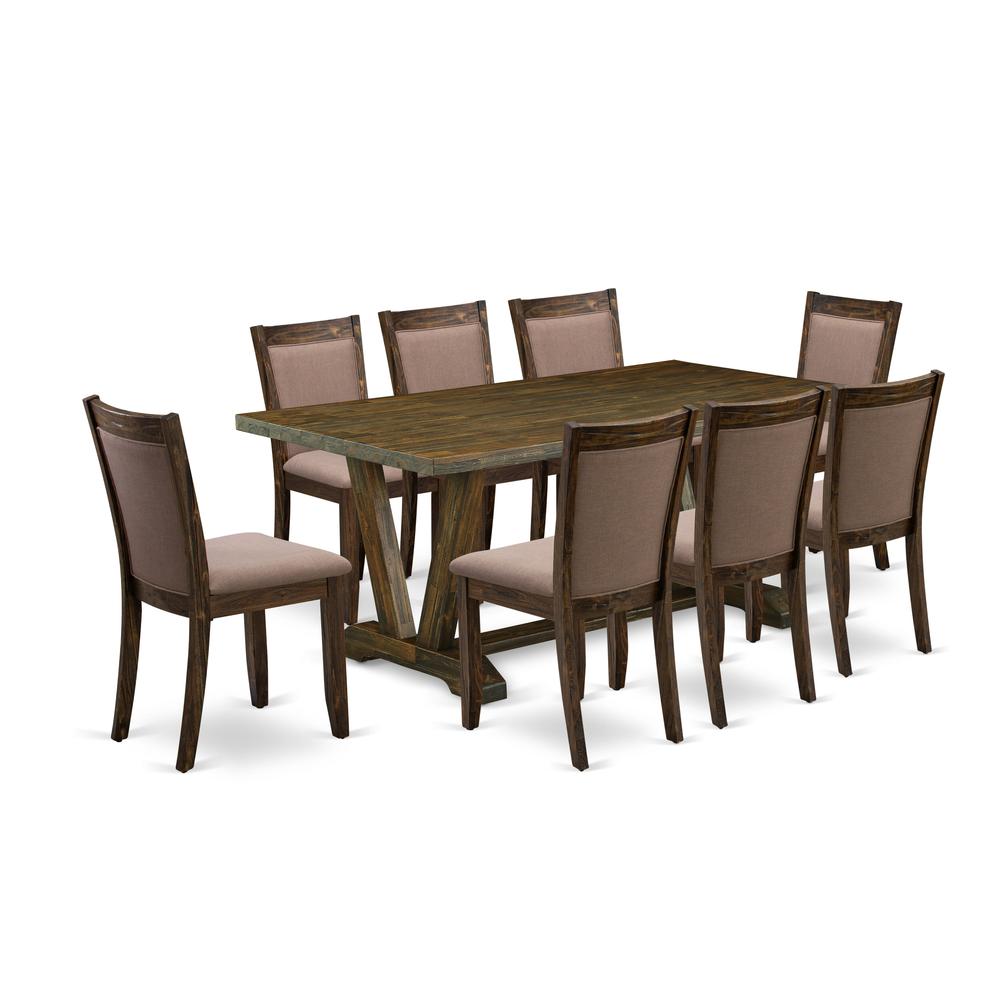 East West Furniture 9 Piece Kitchen Dining Table Set - A Distressed Jacobean Top Dining Table with Trestle Base and 8 Coffee Linen Fabric Dining Room Chairs - Distressed Jacobean Finish. Picture 1