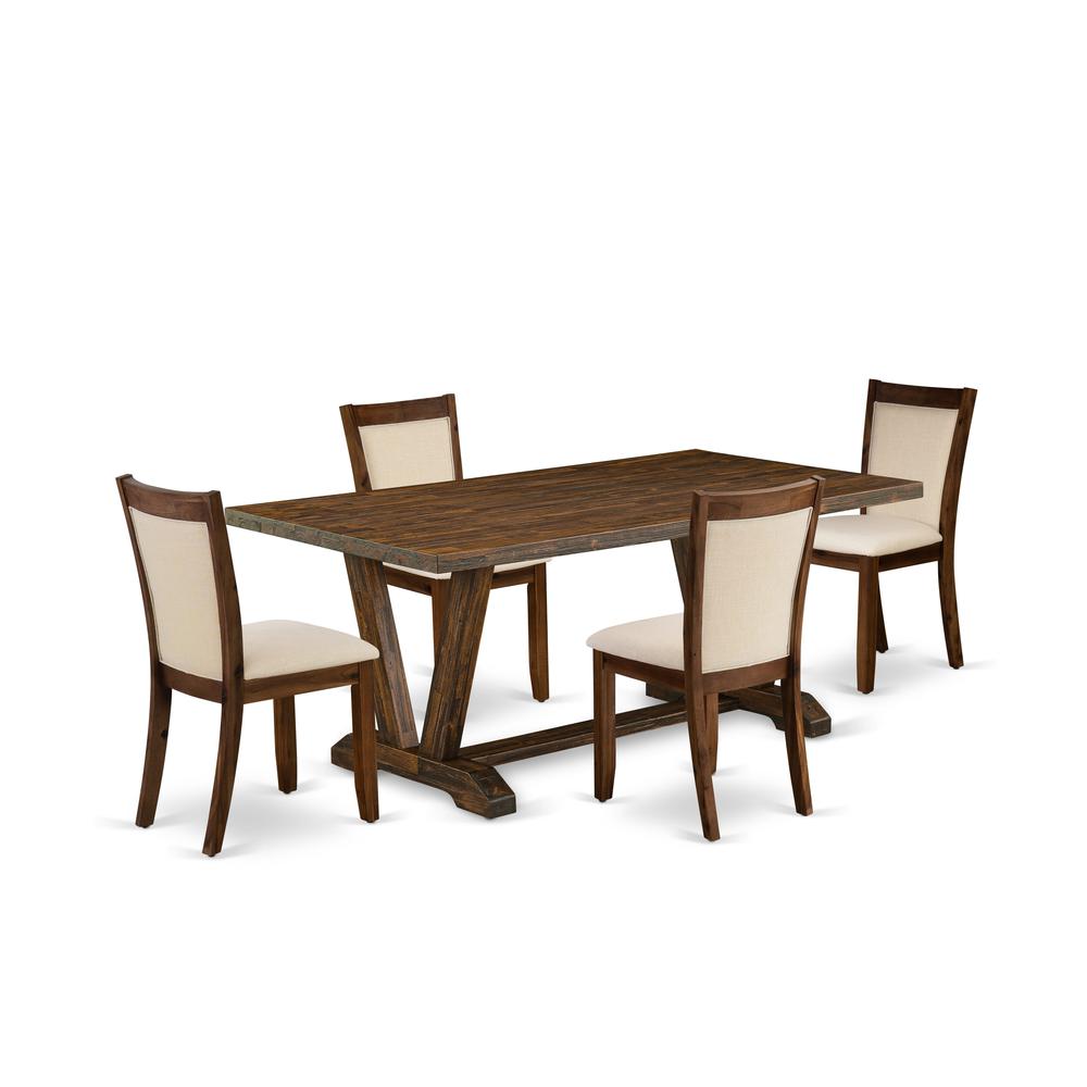 East West Furniture 5-Pc Dining Room Set Includes a Dining Table and 4 Light Beige Linen Fabric Mid Century Dining Chairs with Stylish Back - Distressed Jacobean Finish. Picture 1