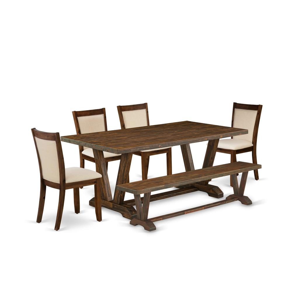 East West Furniture 6-Piece Modern Dining Set Consists of a Rectangular Table and a Small Bench with 4 Light Beige Linen Fabric Dining Chairs with Stylish Back - Distressed Jacobean Finish. Picture 1