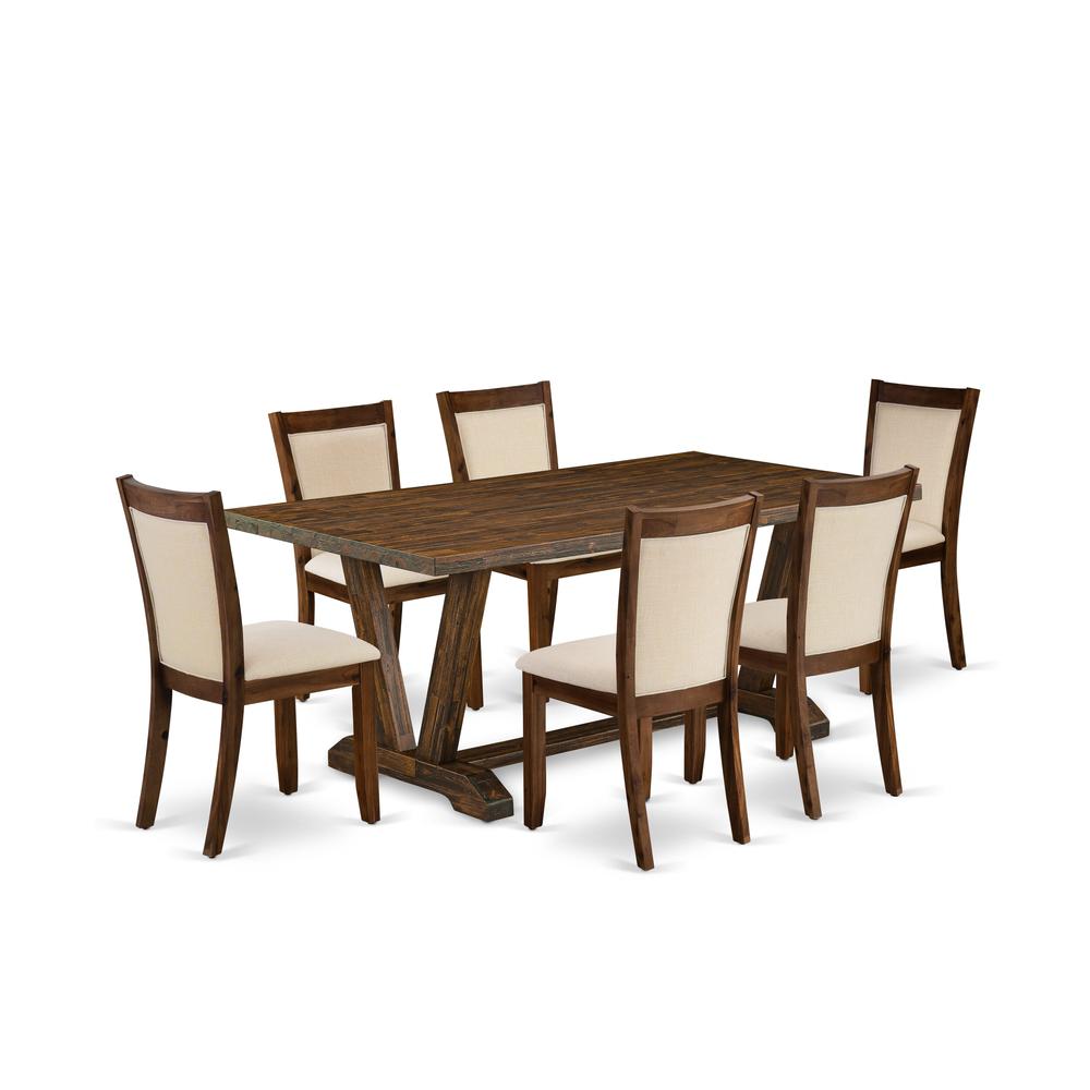 East West Furniture 7-Pc Dining Table Set Contains a Rectangular Dining Table and 6 Light Beige Linen Fabric Parsons Chairs with Stylish Back - Distressed Jacobean Finish. Picture 1