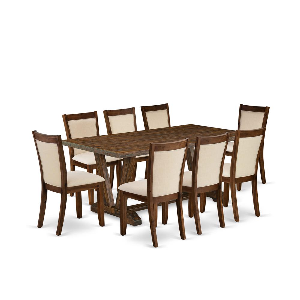 East West Furniture 9-Piece Dining Room Set Includes a Dinner Table and 8 Light Beige Linen Fabric Upholstered Chairs with Stylish Back - Distressed Jacobean Finish. Picture 1