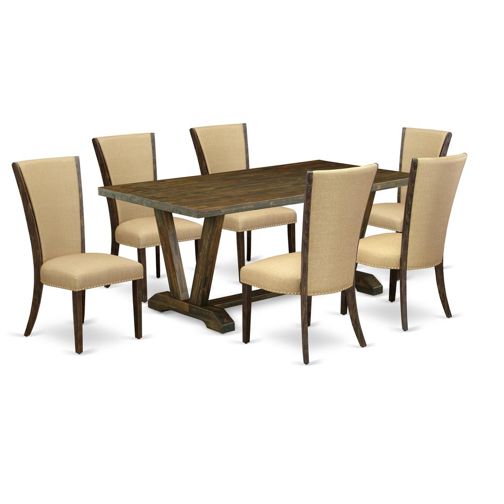East West Furniture V777VE703-7 7Pc Kitchen Table Set Offers a Dining Table and 6 Parsons Dining Chairs with Brown Color Linen Fabric, Distressed Jacobean Finish. Picture 1