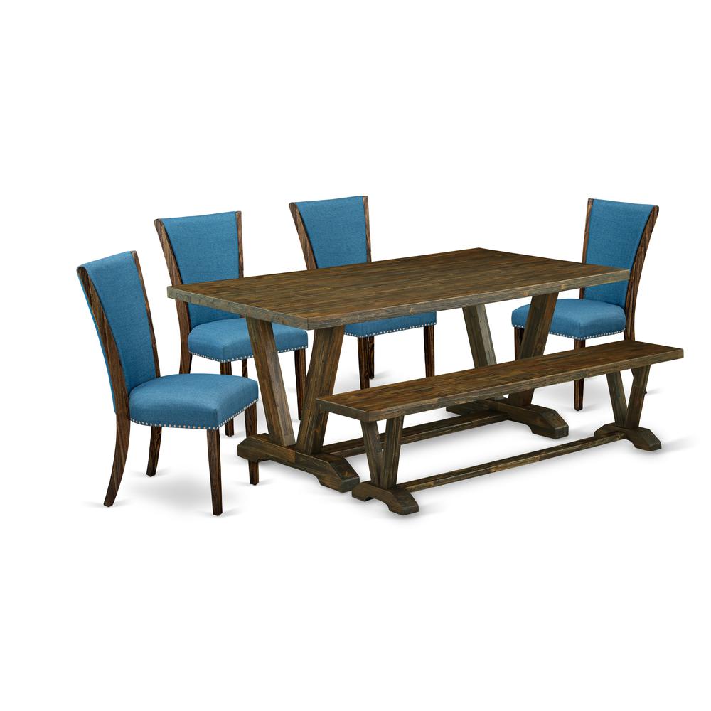 East West Furniture V777VE721-6 6 Piece Dinette Set - 4 Black Linen Fabric Dining Chairs with Nailheads and Distressed Jacobean Rectangular Dining Table - 1 Wood Bench - Distressed Jacobean Finish. Picture 1