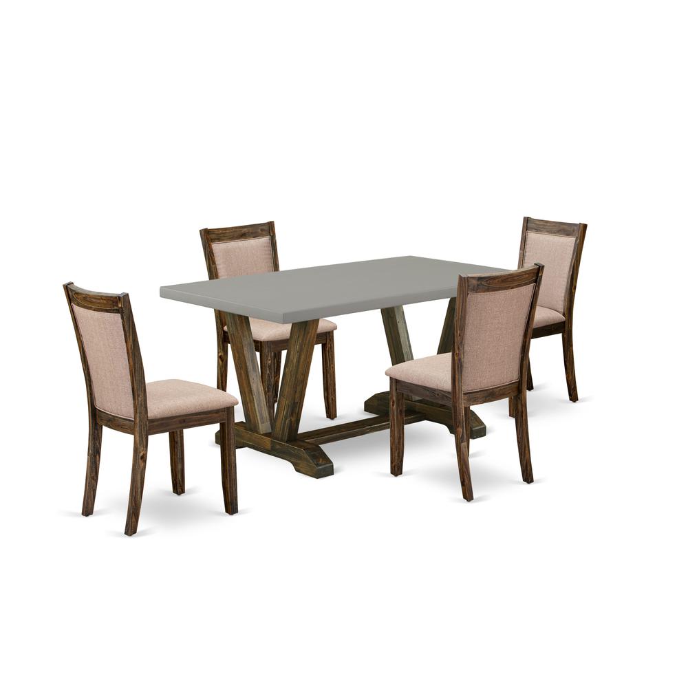East West Furniture 5 Piece Modern Rustic Dining Table Set - A Cement Top Dinning Table with Trestle Base and 4 Dark Khaki Linen Fabric Kitchen Chairs - Distressed Jacobean Finish. Picture 1