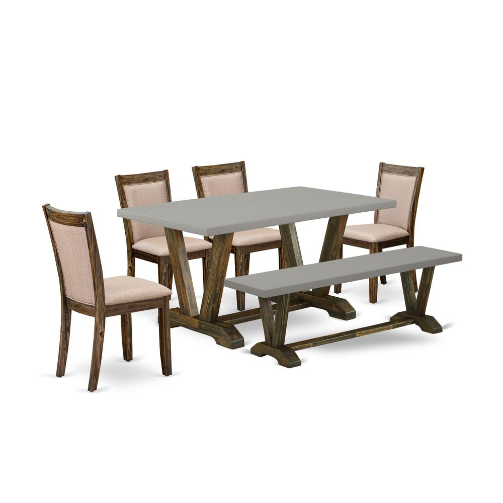 East West Furniture 6 Piece Dining Set- A Cement Top Mid Century Dining Table in Trestle Base with Dining Bench and 4 Dark Khaki Linen Fabric Kitchen Chairs - Distressed Jacobean Finish. Picture 1