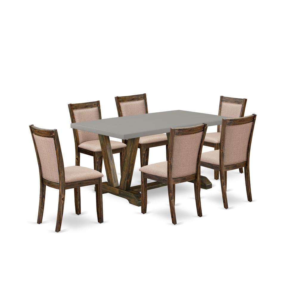 East West Furniture 7 Piece Modern Dinette Set - A Cement Top Wooden Dining Table with Trestle Base and 6 Dark Khaki Linen Fabric Kitchen Chairs - Distressed Jacobean Finish. Picture 1