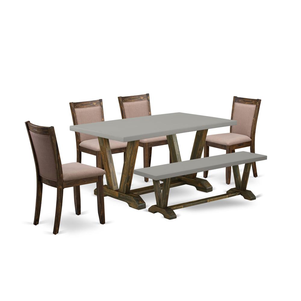 East West Furniture 6-Pc Dining Set - 4 dining room chairs, a Small Bench and 1 Kitchen Dining Table (Distressed Jacobean Finish). Picture 1