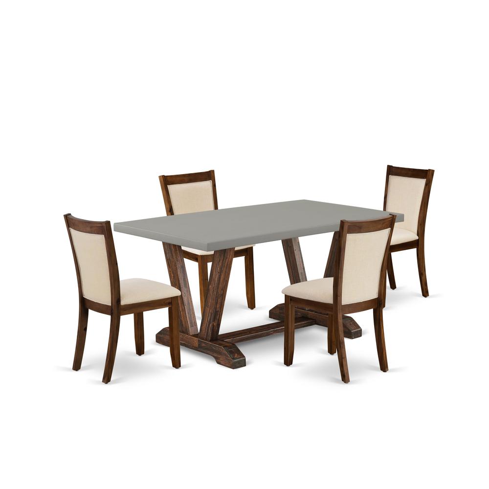 East West Furniture 5-Pc Modern Dining Set Consists of a Mid Century Table and 4 Light Beige Linen Fabric Parsons Chairs with Stylish Back - Distressed Jacobean Finish. Picture 1