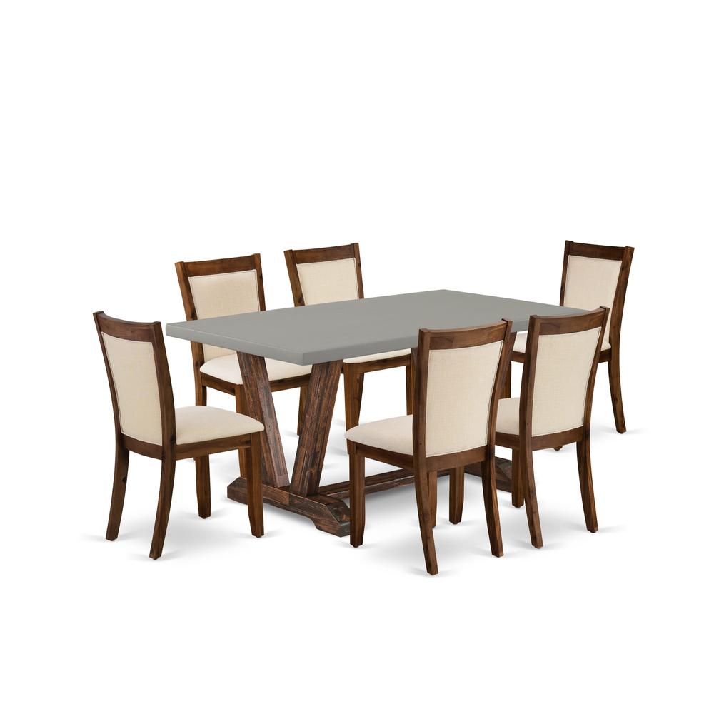 East West Furniture 7-Pc Dinette Set Includes a Wooden Kitchen Table and 6 Light Beige Linen Fabric Modern Dining Chairs with Stylish Back - Distressed Jacobean Finish. Picture 1