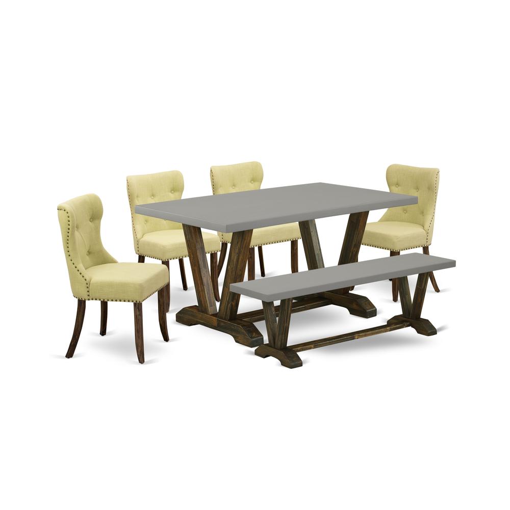 East West Furniture 6-Piece Kitchen Dining Table Set-Limelight Linen Fabric Seat and Button Tufted Back Parson Dining Chairs-Wooden Dining Bench and Rectangular Top Wood Kitchen Table with Wood Legs -. Picture 1