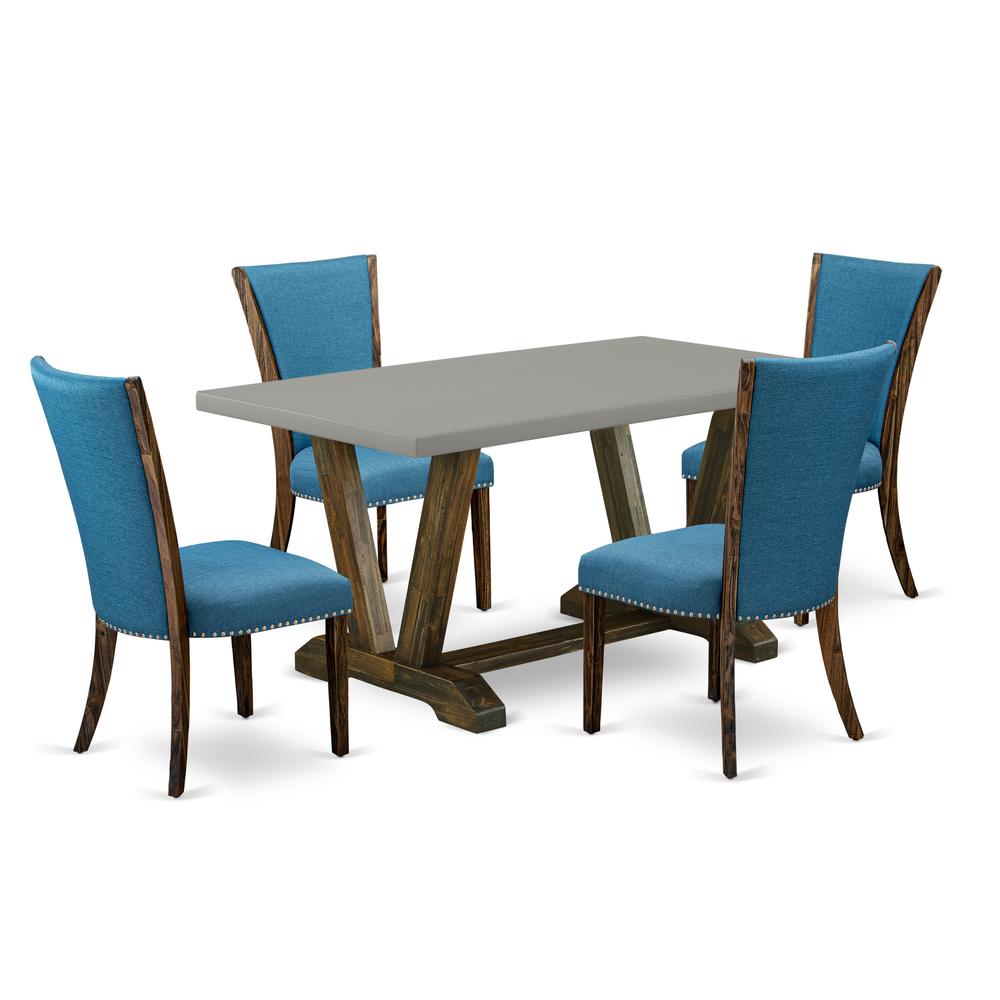 East West Furniture V796VE721-5 5Pc Dining Table Set Offers a Dining Table and 4 Parsons Dining Room Chairs with Blue Color Linen Fabric, Distressed Jacobean and Cement Finish. Picture 1