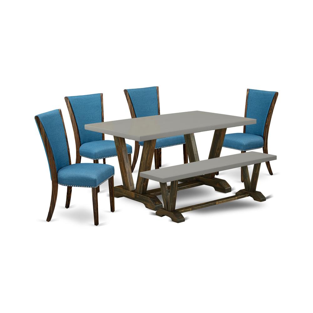 East West Furniture V796VE721-6 6 Piece Dining Room Table Set - 4 Black Linen Fabric Chairs for Dining Room with Nailheads and Cement Wooden Dining Table - 1 Modern Bench - Distressed Jacobean Finish. Picture 1