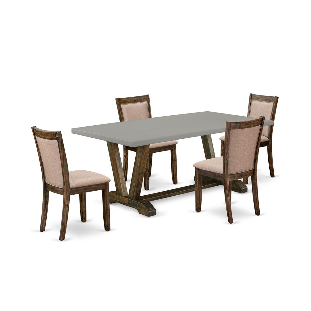 East West Furniture 5 Piece Modern Dining Set - A Cement Top Wooden Table with Trestle Base and 4 Dark Khaki Linen Fabric Chairs For Dining Room - Distressed Jacobean Finish. Picture 1