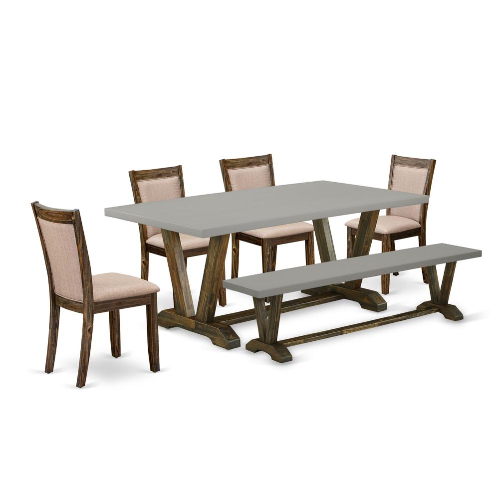 East West Furniture 6 Piece Dinning Set- A Cement Top Kitchen Table in Trestle Base with Wooden Bench and 4 Dark Khaki Linen Fabrics Dining Room Chairs- Distressed Jacobean Finish. Picture 1