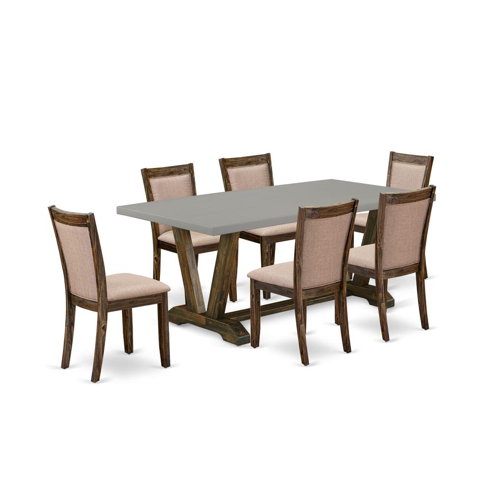 East West Furniture 7 Piece Contemporary Dinette Set - A Cement Top Dinner Table with Trestle Base and 6 Dark Khaki Linen Fabric Parson Chairs - Distressed Jacobean Finish. Picture 1