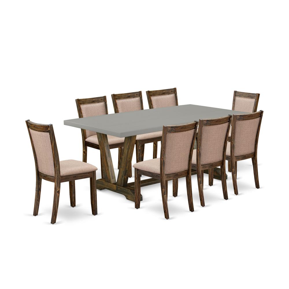 East West Furniture 9 Piece Contemporary Dinning Set - A Cement Top Dining Table with Trestle Base and 8 Dark Khaki Linen Fabric Upholstered Dining Chairs - Distressed Jacobean Finish. Picture 1