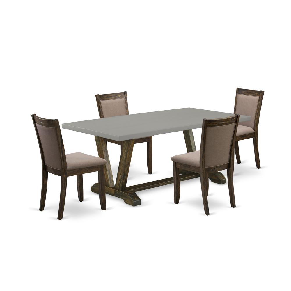 East West Furniture 5 Piece Innovative Dining Room Table Set - A Cement Top Wooden Dining Table with Trestle Base and 4 Coffee Linen Fabric Padded Chairs - Distressed Jacobean Finish. Picture 1