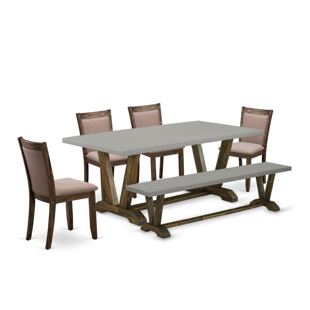 East West Furniture 6 Piece Kitchen Table Set- A Cement Top Wood Table in Trestle Base with Wood Bench and 4 Coffee Linen Fabrics Modern Chairs - Distressed Jacobean Finish. Picture 1
