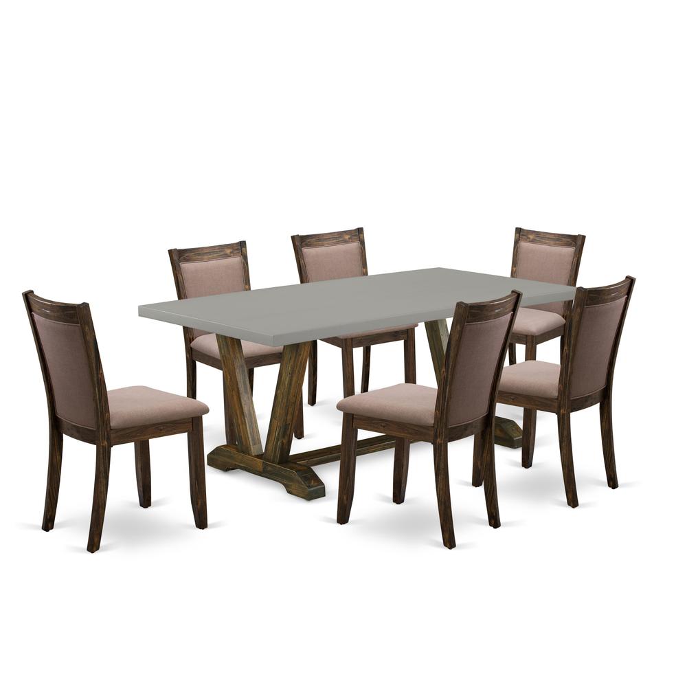 East West Furniture 7 Piece Innovative Kitchen Table Set - A Cement Top Dining Table with Trestle Base and 6 Coffee Linen Fabric Modern Dining Chairs - Distressed Jacobean Finish. Picture 1