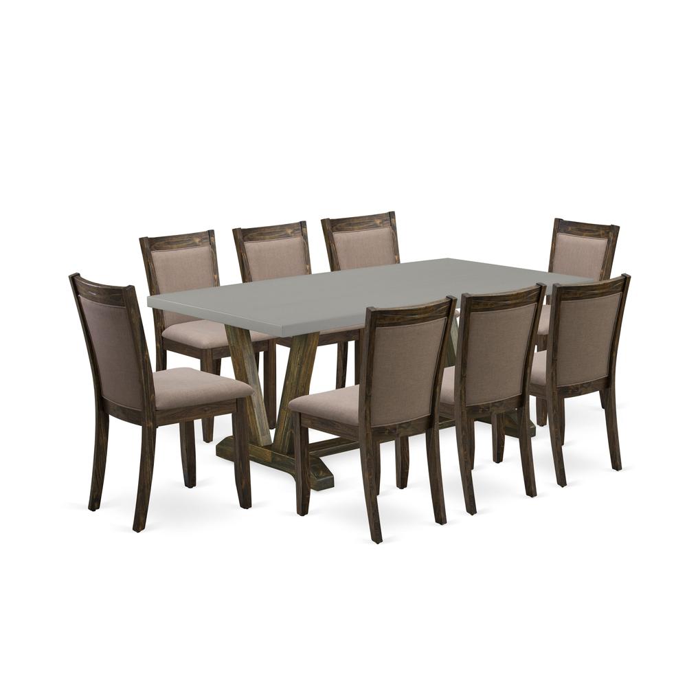 East West Furniture 9 Piece Contemporary Dinette Set - A Cement Top Dinner Table with Trestle Base and 8 Coffee Linen Fabric Mid Century Dining Chairs - Distressed Jacobean Finish. Picture 1