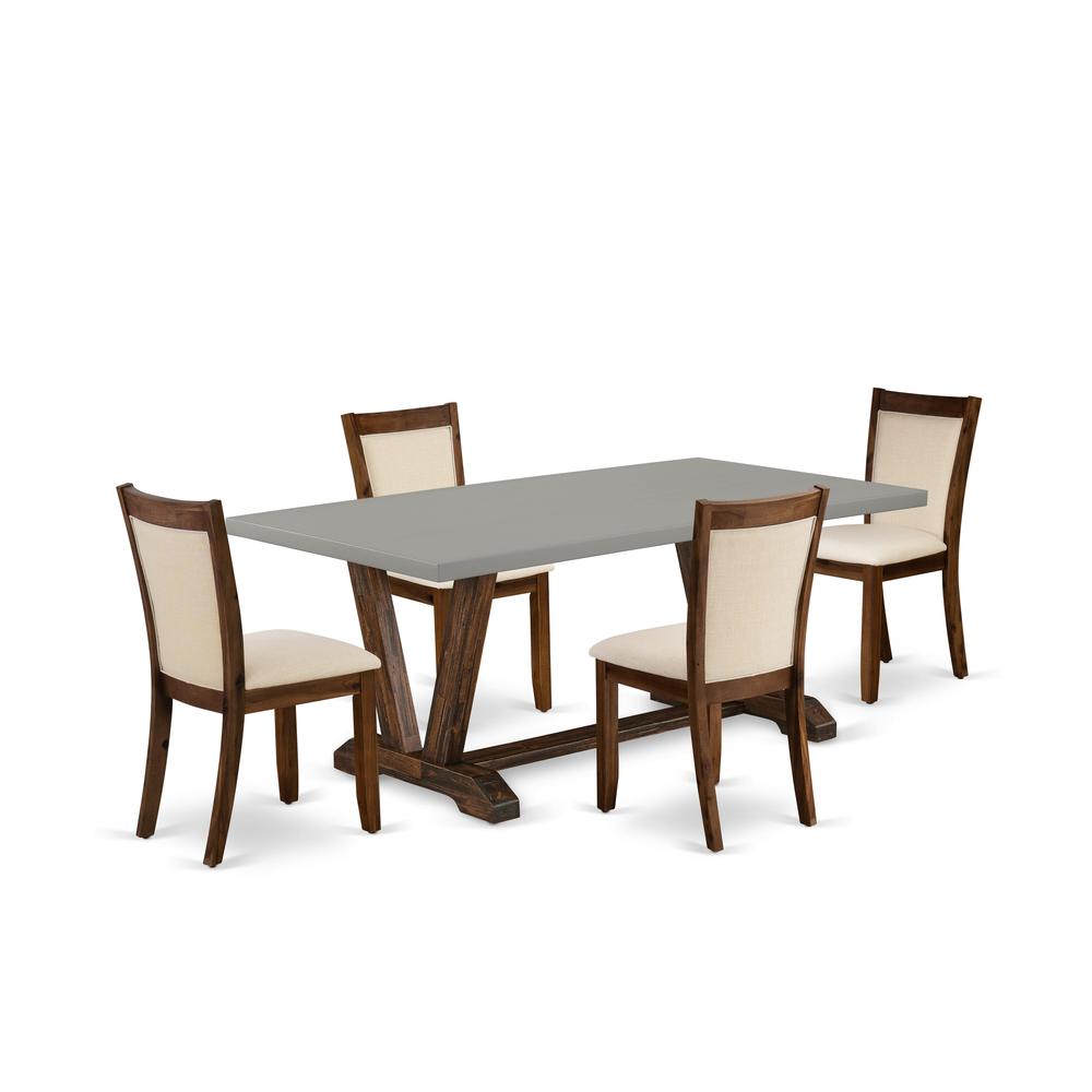 East West Furniture 5-Piece Modern Dining Set Consists of a Wooden Dining Table and 4 Light Beige Linen Fabric Dining Chairs with Stylish Back - Distressed Jacobean Finish. Picture 1