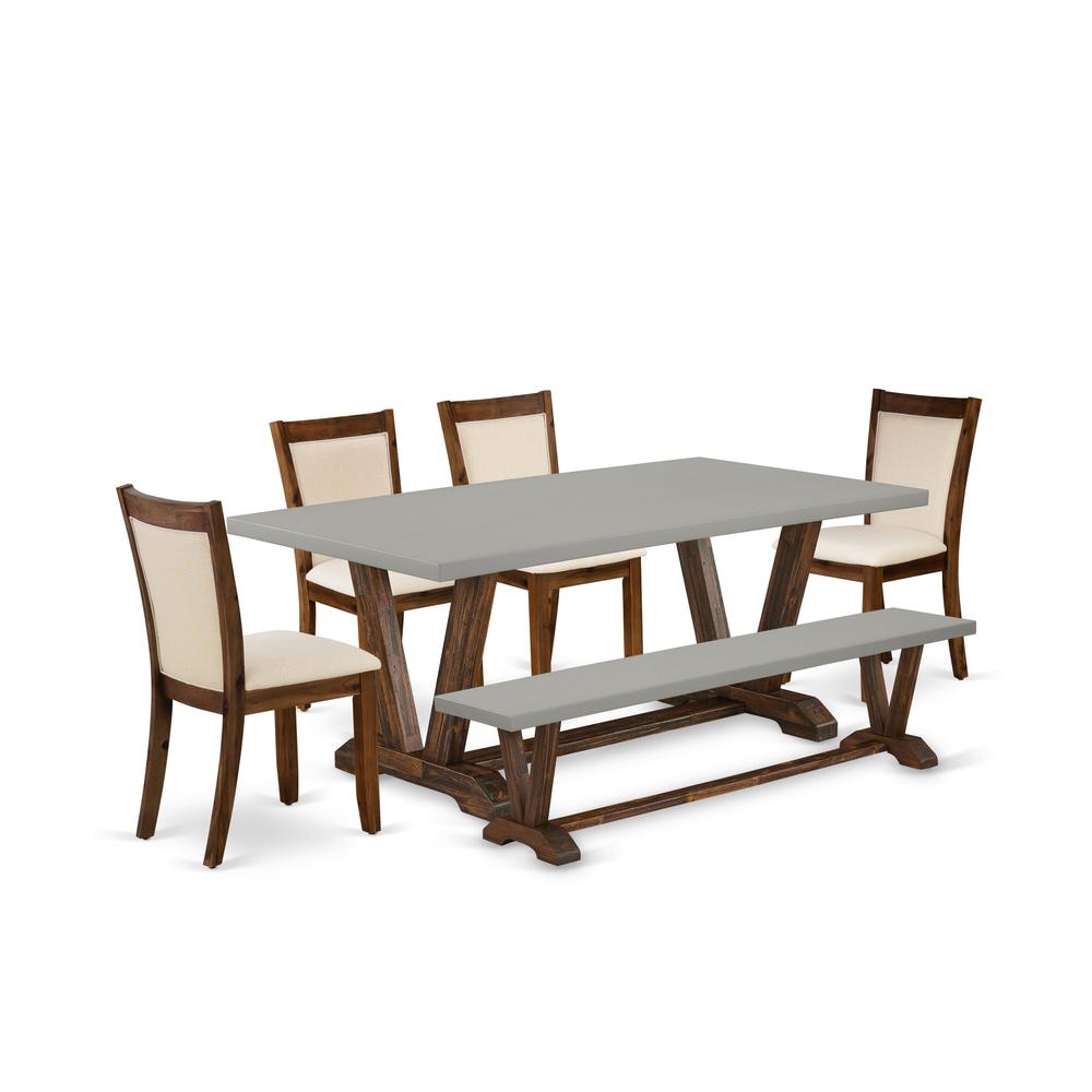 East West Furniture 6-Pc Kitchen Table Set Contains a Wood Table and a Dining Bench with 4 Light beige Linen Fabric Parson Chairs with Stylish Back - Distressed Jacobean Finish. Picture 1