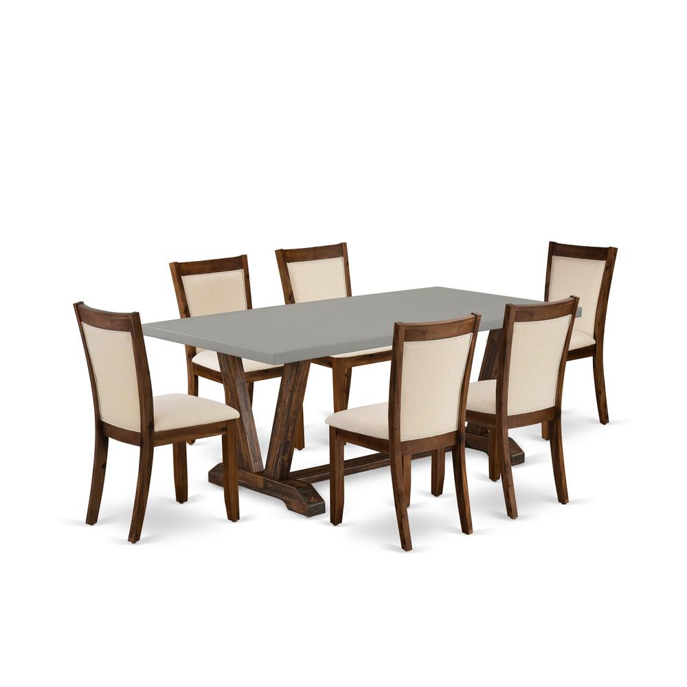 East West Furniture 7-Piece Mid Century Modern Dining Set Includes a Rectangular Table and 6 Light Beige Linen Fabric Dining Chairs with Stylish Back - Distressed Jacobean Finish. Picture 1