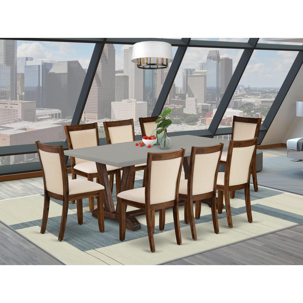 East West Furniture 9-Pc Dining Table Set Consists of a Dining Room Table and 8 Light Beige Linen Fabric Parson Dining Chairs with Stylish Back - Distressed Jacobean Finish. Picture 2