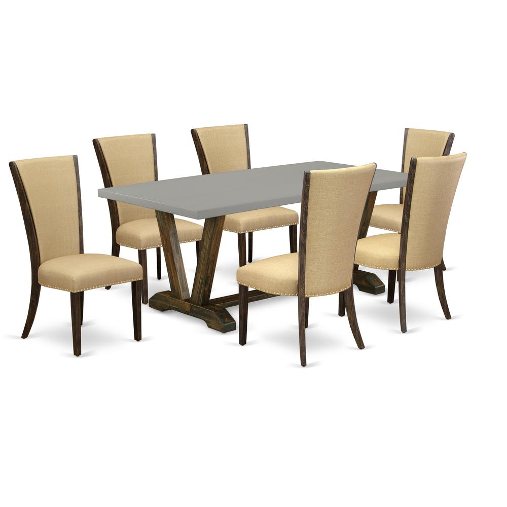 East West Furniture V797VE703-7 7Pc Dinette Sets for Small Spaces Consists of a Wood Table and 6 Parson Chairs with Brown Color Linen Fabric, Distressed Jacobean and Cement Finish. Picture 1