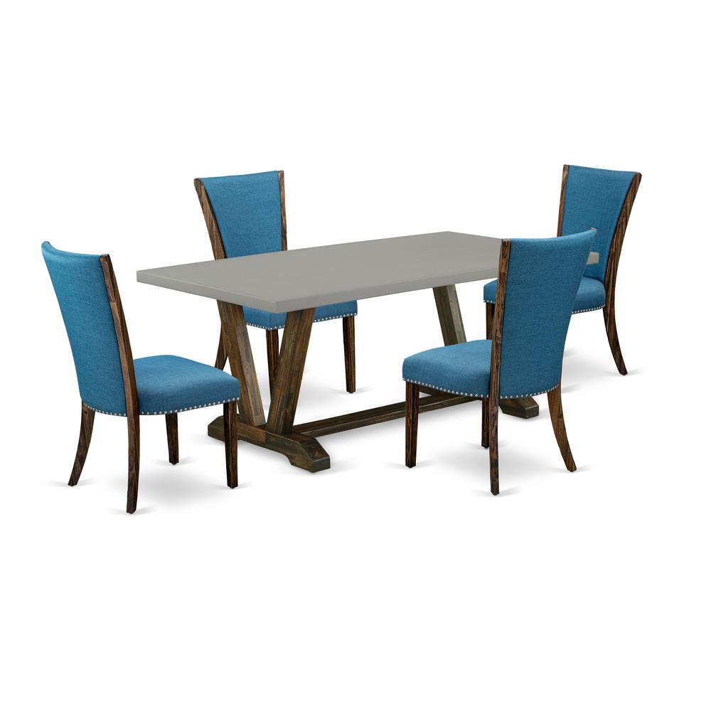 East West Furniture V797VE721-5 5Pc Kitchen Table Set Includes a Rectangular Table and 4 Parson Chairs with Blue Color Linen Fabric, Distressed Jacobean and Cement Finish. Picture 1