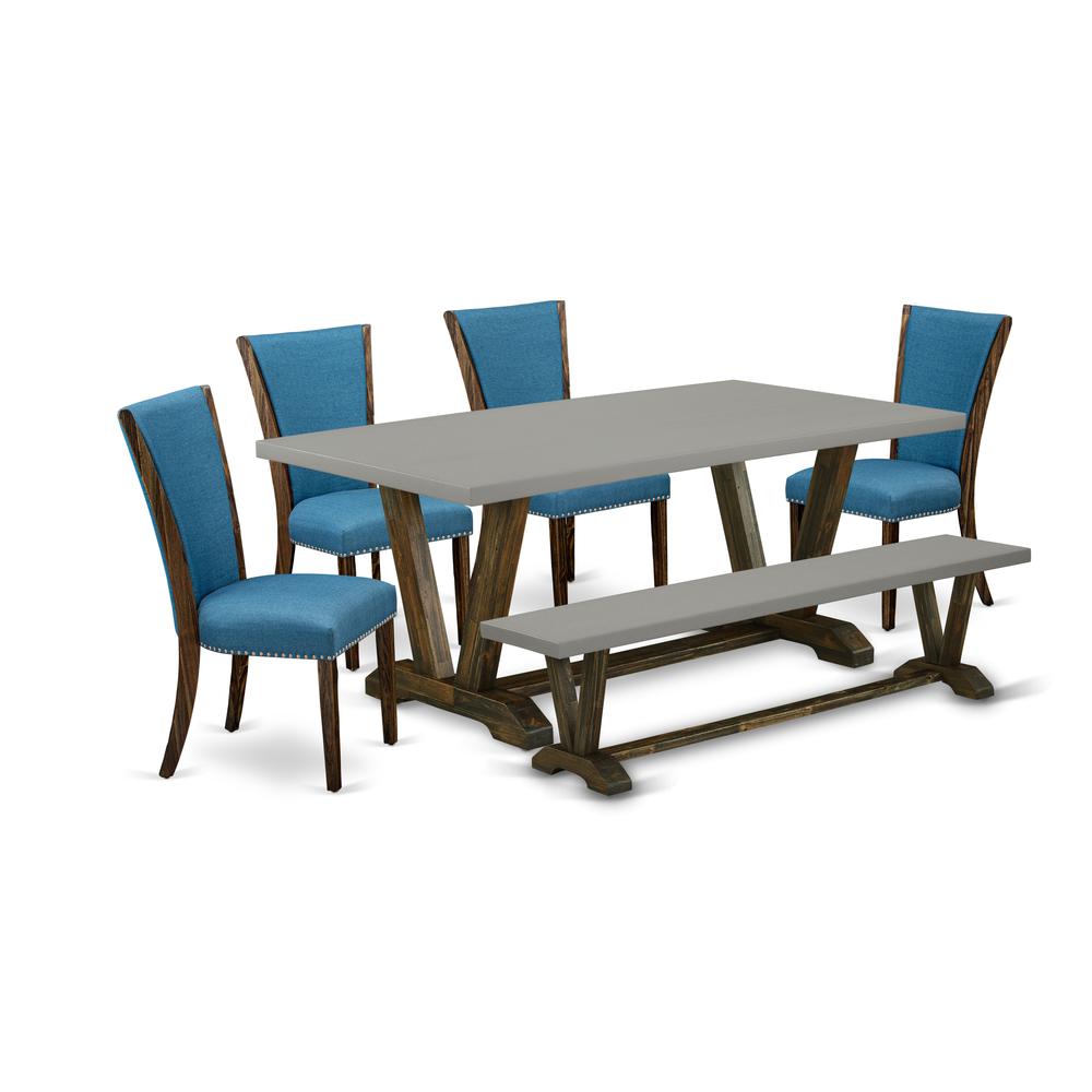 East West Furniture V797VE721-6 6 Piece Table Set - 4 Black Linen Fabric Dining Chairs with Nailheads and Cement Modern Kitchen Table - 1 Dining Bench - Distressed Jacobean Finish. Picture 1