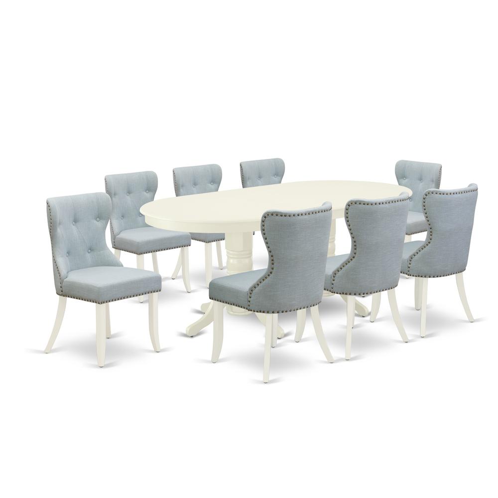 East-West Furniture VASI9-LWH-15 - A modern dining table set of 8 amazing kitchen chairs with Linen Fabric Baby Blue color and a fantastic mid-century dining table with Linen White color. Picture 1