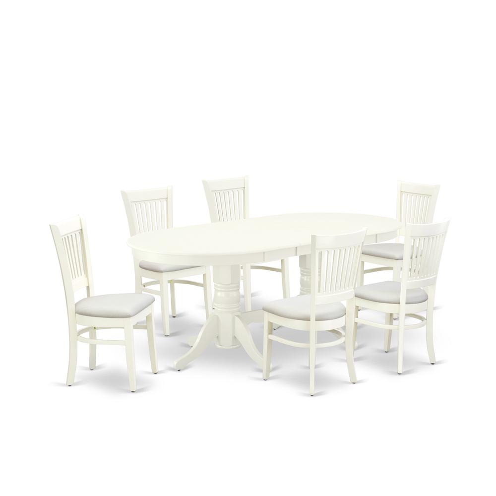 East West Furniture - VAVA7-LWH-C - 7-Pc Dining Table Set- 6 Kitchen Chair with Linen Fabric Seat and Slatted Chair Back - Butterfly Leaf Modern Kitchen Table - Linen White Finish. Picture 1