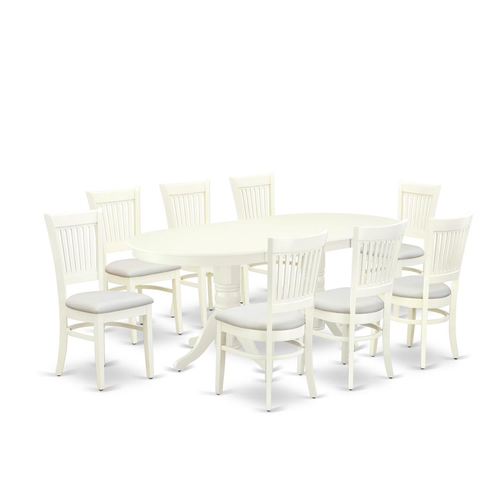 East West Furniture - VAVA9-LWH-C - 9-Pc Dining Room Table Set- 8 Dining Chairs with Linen Fabric Seat and Slatted Chair Back - Butterfly Leaf Wooden Dining Table - Linen White Finish. Picture 1