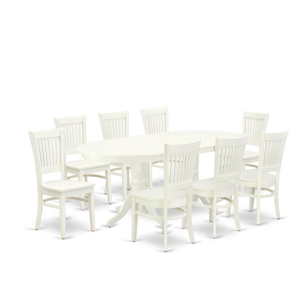 East West Furniture - VAVA9-LWH-W - 9-Pc Kitchen Table Set- 8 Mid Century Chair with Wooden Seat and Slatted Chair Back - Butterfly Leaf Dining Table - Linen White Finish. Picture 1
