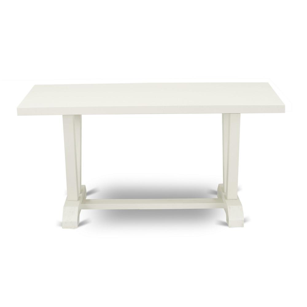 V026GA235-6 6-Piece Kitchen Dinette Set-Doeskin Linen Fabric Seat and Button Tufted Chair Back Parson dining room chairs, A Rectangular Bench and Rectangular top Kitchen Table with Wooden Legs - Linen. Picture 4