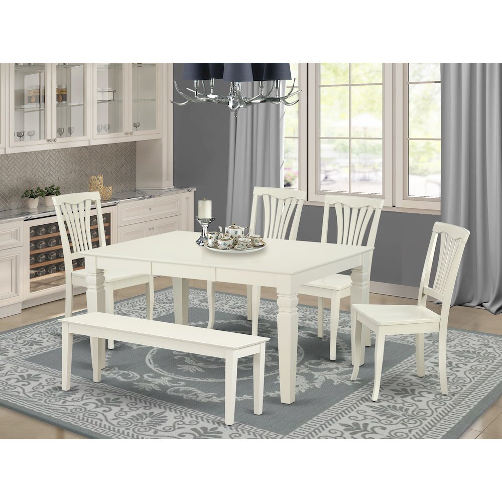 East West Furniture – 6-Pieces Kitchen Table Set - 1 Modern Rectangular Table and 4 wooden Dining Room Chairs with One Dining Bench – Linen White Finish. Picture 2