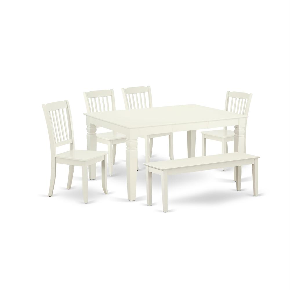 East West Furniture WEAV6-LWH-W – 6-Pieces Kitchen Table Set - 1 Modern Rectangular Table and 4 wooden Dining Room Chairs with One Dining Bench – Linen White Finish. Picture 1