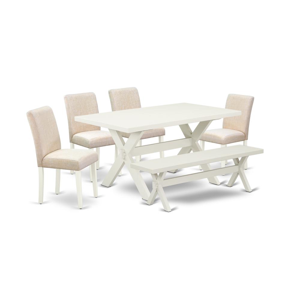 East West Furniture 6-Piece Dinette Table Set-Light Beige Linen Fabric Seat and Stylish Chair Back Kitchen chairs, a Rectangular Bench and Rectangular Top Dining room Table with Solid Wood Legs - Line. Picture 1